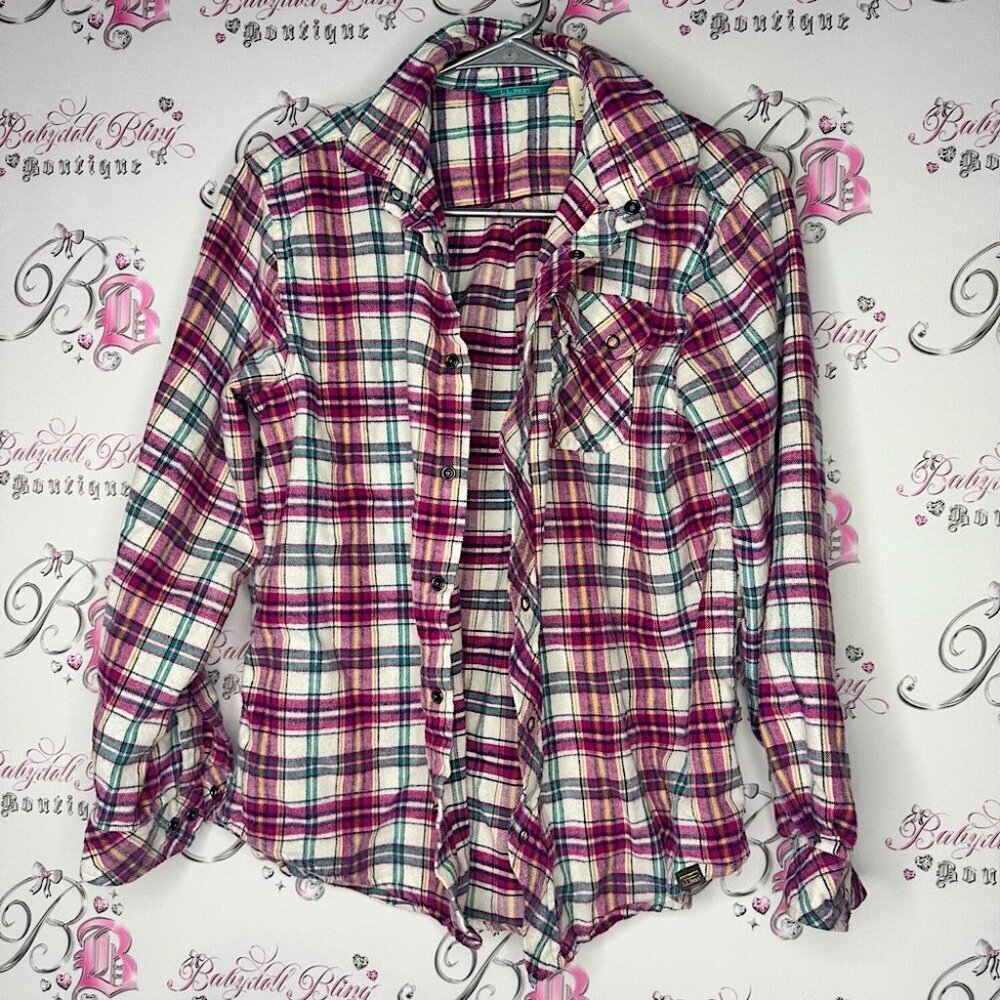 L.l bean Plaid Button-Up Shirt pink blue orange white soft cottage outdoors